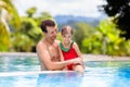 Father, child at swimming pool. Dad and kid swim Royalty Free Stock Photo