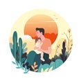 Father and child together. Vector illustration for Fathers day card with man hugging his small kid daughter. Beautiful