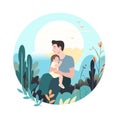 Father and child together. Vector illustration for Fathers day card with man hugging his small kid daughter. Beautiful