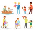 Father and child vector dad and kids daughter son playing fishing together illustration Fathers day set happy daddy with Royalty Free Stock Photo