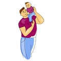 Father and child vector illustration isolated on white background. happy dad holding his cute child on shoulders. Royalty Free Stock Photo