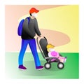 Father with a child on a walk. Family with baby walking in outdoor. Father with a baby in a stroller.