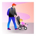 Father with a child on a walk. Family with baby walking in outdoor. Father with a baby in a stroller.