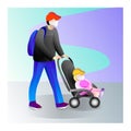 Father with a child on a walk. Family with baby walking in outdoor. Father with a baby in a stroller. Vector.