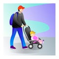 Father with a child on a walk. Family with baby walking in outdoor. Father with a baby in a stroller. Vector.