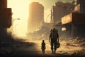 Father with child walking in postapocalyptic city Royalty Free Stock Photo