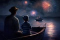 Father and child watching fireworks at night on a ship Generative AI Royalty Free Stock Photo