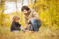 Father and child in the wild forest. Royalty Free Stock Photo