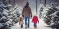 Father and children with christmas tree in a snowy forest, concept of Family bond