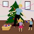 Father with children decorate Christmas tree