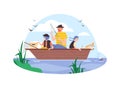 Father and children engaged in fishing, flat vector illustration isolated.