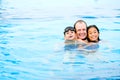 Father with children enjoying the swimming pool