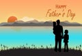 Father and children with Happy Father`s day text on sunset or su Royalty Free Stock Photo