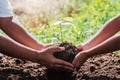 father and children helping planting small tree