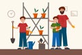 Father and children plant a vegetable garden at home. Cartoon concept of parents at home with their children. Drawn in a flat home