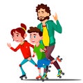 Father And Children Skating On Roller Skates Vector. Isolated Illustration