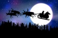 Father Christmas riding his sleigh with reindeer over a forest in front of a full moon on blue starry sky background.