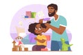 Father combing his daughter hair. Single black skin father brushing