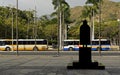 Father damien silhouette and bus transportation Royalty Free Stock Photo