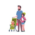 Father daughter baby son in stroller full length avatar on white background, successful family concept, flat cartoon