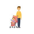 Father daughter baby in stroller full length avatar on white background, successful family concept, flat cartoon