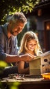 Father-daughter bonding time over a creative DIY birdhouse project in the backyard