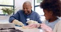 Father, daughter and cleaning with gloves in kitchen for bonding, happiness and teaching in home or house. Black family Royalty Free Stock Photo