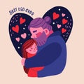 Father and daughter cuddling. Happy Fathers Day greeting card template. Cheerful girl hug her daddy. Vector flat