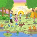 Father daughter and dog walking on camping area illustration