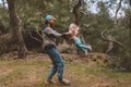 Father and daughter family walking in forest playing together healthy lifestyle summer vacations Royalty Free Stock Photo