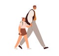 Father and daughter going together. Young dad leading girl kid to school, holding by hand. Man parent and child with Royalty Free Stock Photo