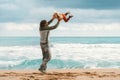 Father and daughter having fun family vacations lifestyle dad and child playing together outdoor walking on the beach Royalty Free Stock Photo