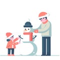 Father and daughter help build a snowman, Flat cartoon vector illustration. Royalty Free Stock Photo