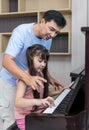 Father and daughter at home playing music on a piano. Dad and daughter are playing the piano. Pianist teacher teaching girl kid st Royalty Free Stock Photo