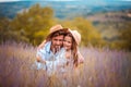 Father and daughter in a lavender field