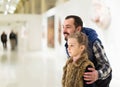 Father and daughter looking at ancient bas-reliefs in museum Royalty Free Stock Photo