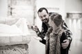 Father and daughter looking at ancient bas-reliefs in museum Royalty Free Stock Photo