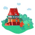 Father and daughter playing near country house in forest landscape, lifestyle with kids flat vector illustration. Active Royalty Free Stock Photo
