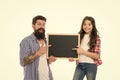 Father and daughter pointing at blank chalkboard. List things to do together. Child and father best friends. Parenthood