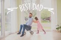 Father and daughter riding bike indoors. Fathers day concept. Royalty Free Stock Photo