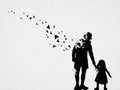 Father and daughter silhouette. Death and afterlife. Flying birds