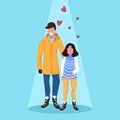 Father and daughter skating ice rink happy family wearing winter clothes holding hands holiday activities concept male