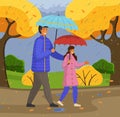 Father and daughter spend time together on rainy october day move down the street past yellow trees