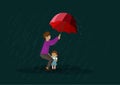 Father and daughter stand under an umbrella in the rain The concept of a storm in the rainy season. Flat style cartoon