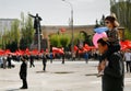 Father and daughter take part in the May day demonstration in Volgograd