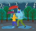 Father and daughter with umbrellas together on a rainy autumn day running through the puddles Royalty Free Stock Photo