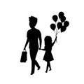 Father and daughter walking together with balloons isolated vector illustration silhouette