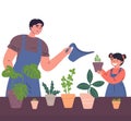 Father and daughter water the houseplants together