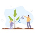 father with daughter watering young tree.horticulture concept.flat vector illustration