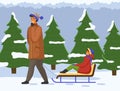 Father and daughter on a winter walk. Man sledding a child. Family members walking together